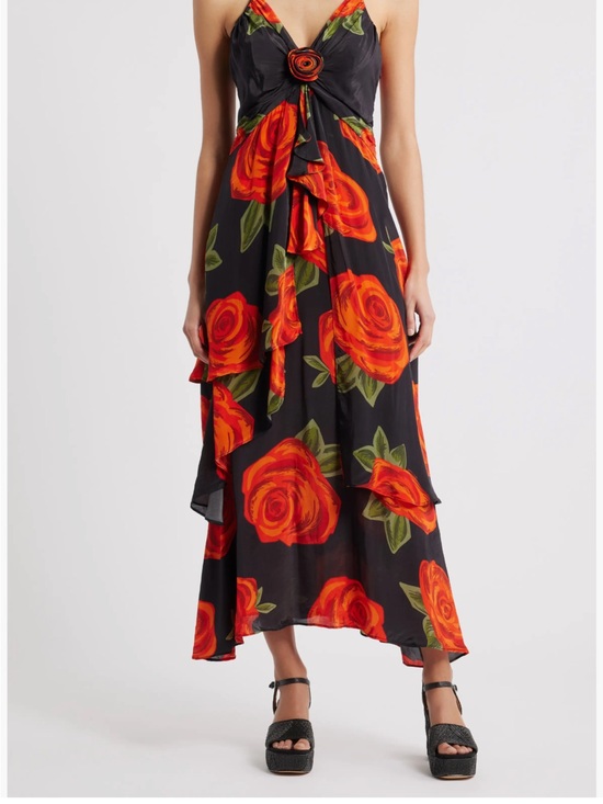 FARM Rio Dresses & Skirts - FARM Rio Black & Vivid Orange Floral Dress with Rosette